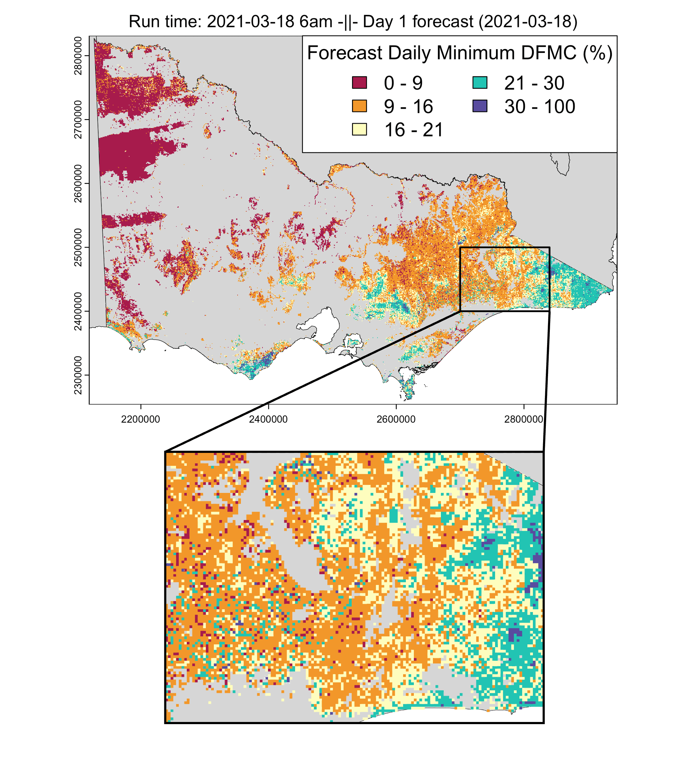 Seven‑day ahead machine‑learning forest fuel moisture forecast animation